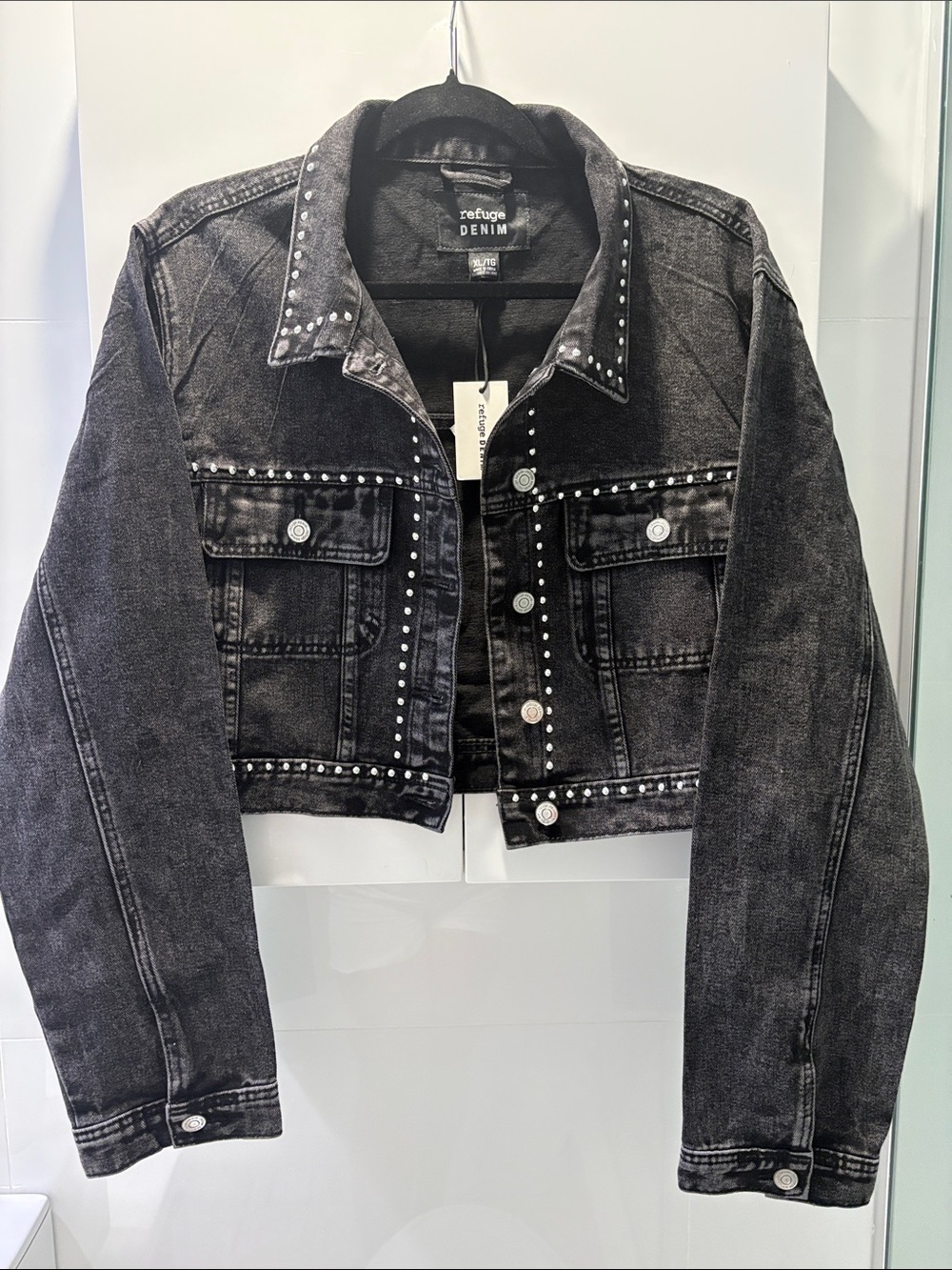refuge Black Studded Cropped Denim Jacket- has matching pants in store for $30